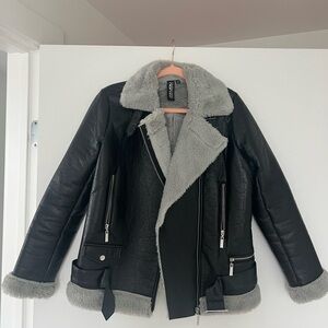 Macy's Black Leather Jacket with Gray Fur Lining
